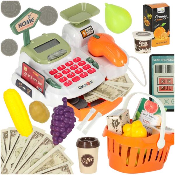 Cash register for children supermarket shop scanner calculator basket with accessories 36 el 168932