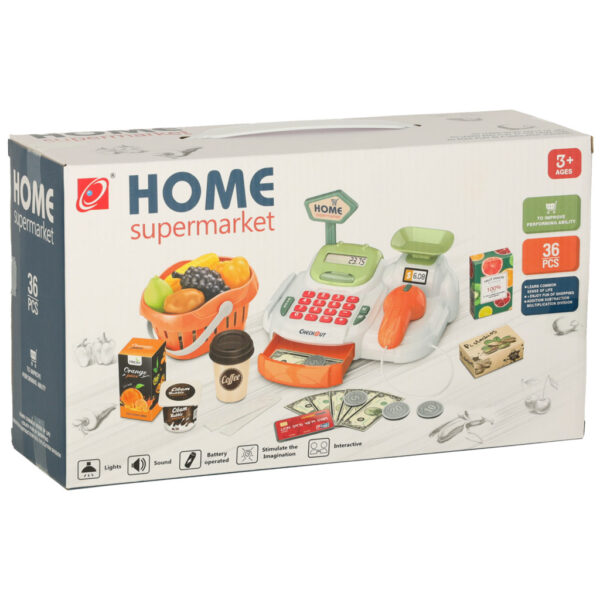 Cash register for children supermarket shop scanner calculator basket with accessories 36 el 168948